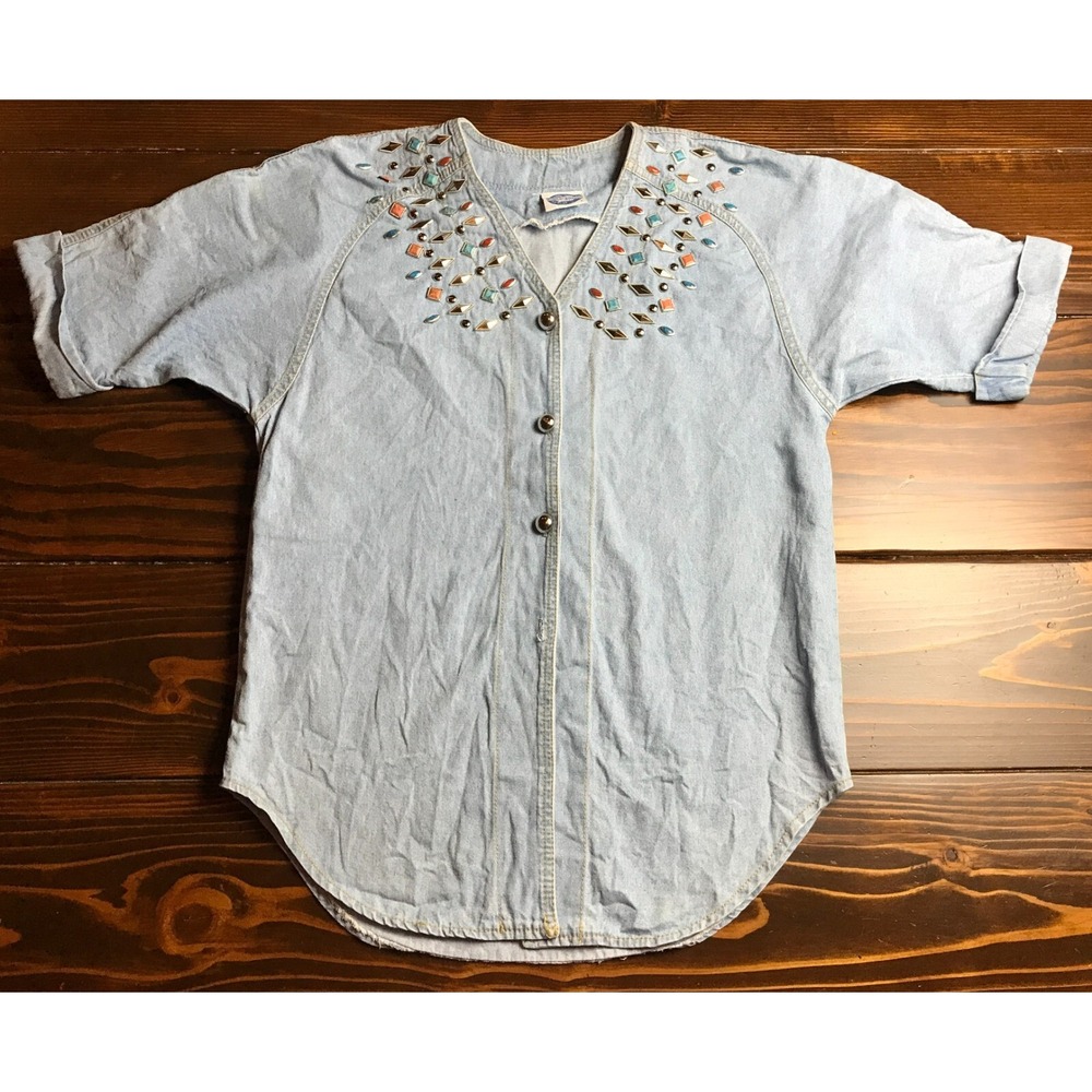 Bingo! Bingo! Shirt, Women's Size 6, Blue, Chambray, Jeweled, Short Sleeve
